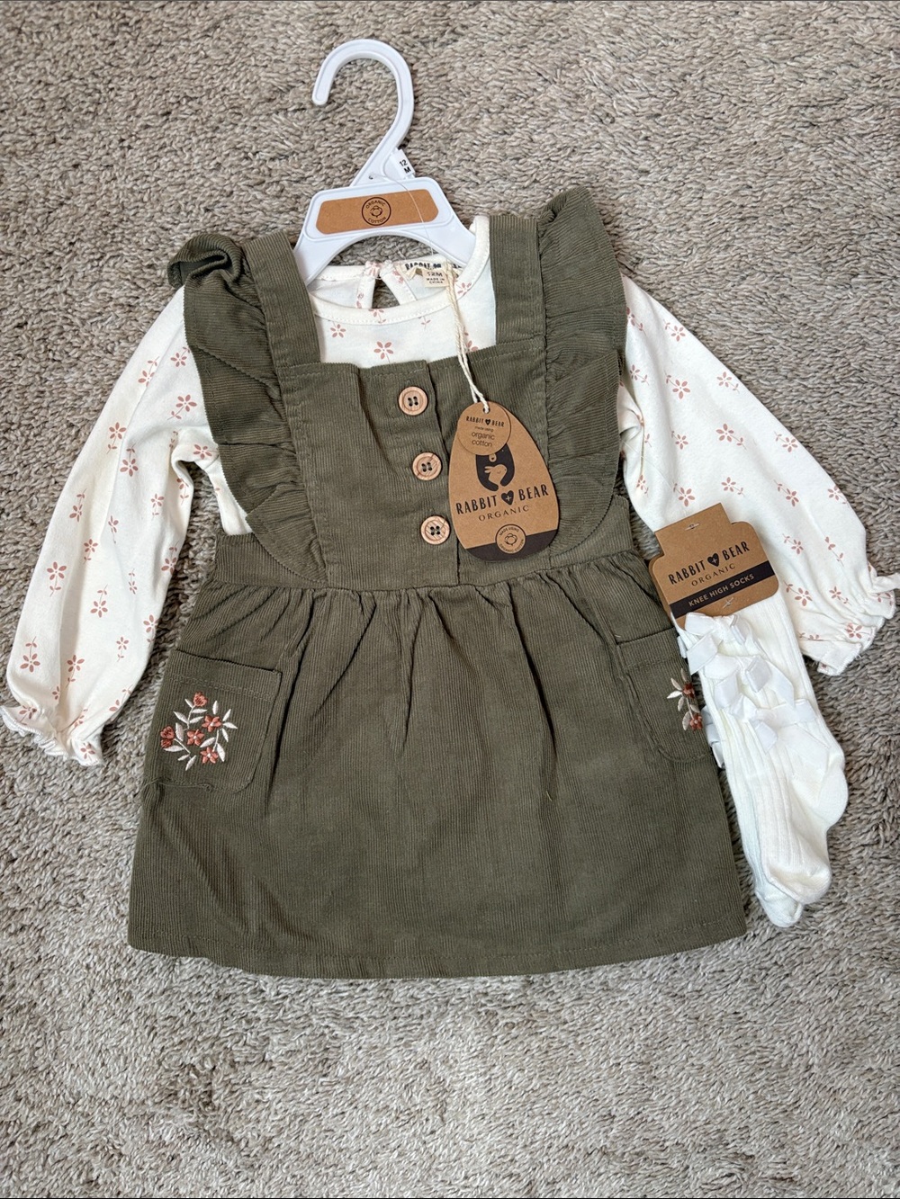 Rabbit & Bear Olive Green Corduroy Pinafore Dress with Cream Floral Top